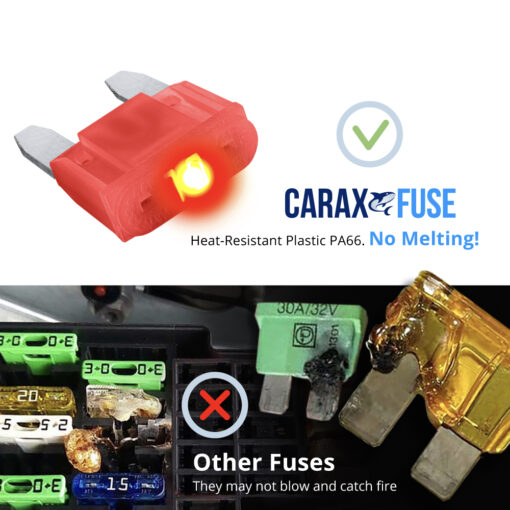CARAX Glow Fuse. Mini Blade Fuse - No Melting. High-Quality Materials. Heat-Resistant