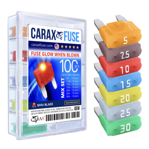 CARAX Glow Fuse. Mini Blade Fuse Mix Set 100 pcs. Automotive Indicator Smart Fuse.