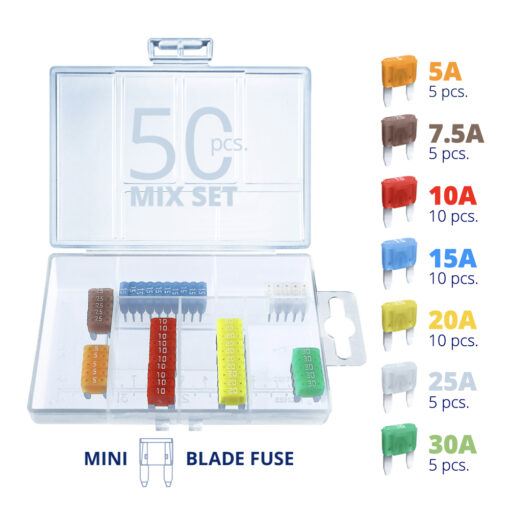 CARAX Glow Fuse. Smart MINI Mix Fuse 50 pcs.: 5A, 7.5A, 10A, 15A, 20A, 25A, 30A