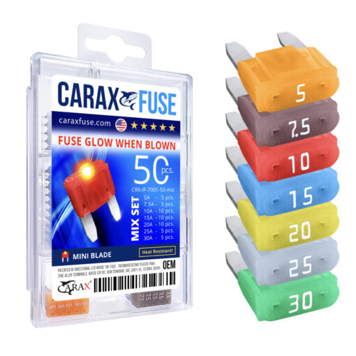 CARAX Glow Fuse. Mini Blade Fuse Mix Set 50 pcs. Automotive Indicator Smart Fuse.
