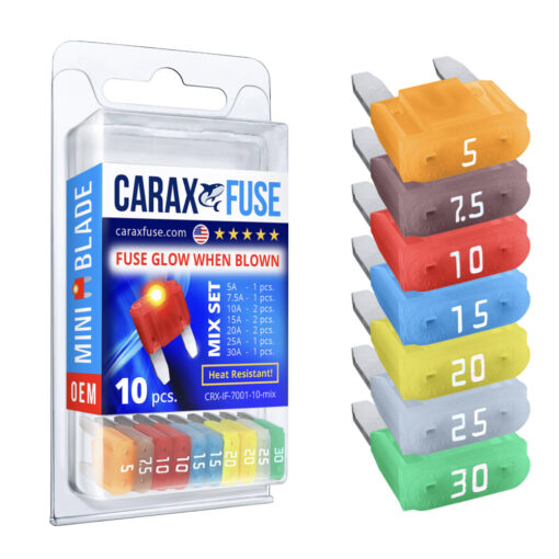 CARAX Glow Fuse. Mini Blade Fuse Mix Set 10 pcs. Automotive Indicator Smart Fuse.