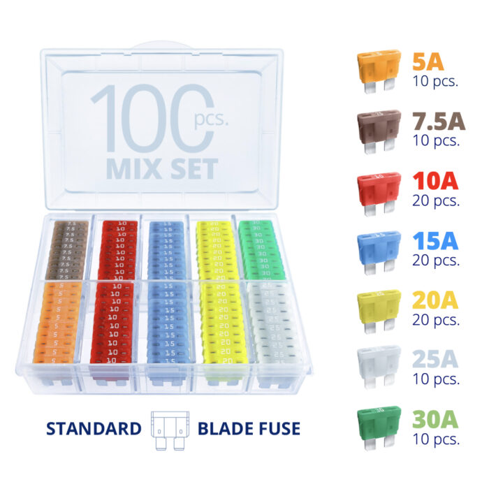 CARAX Glow Fuse. Smart STANDARD Mix Fuse 100 pcs.: 5A, 7.5A, 10A, 15A, 20A, 25A, 30A