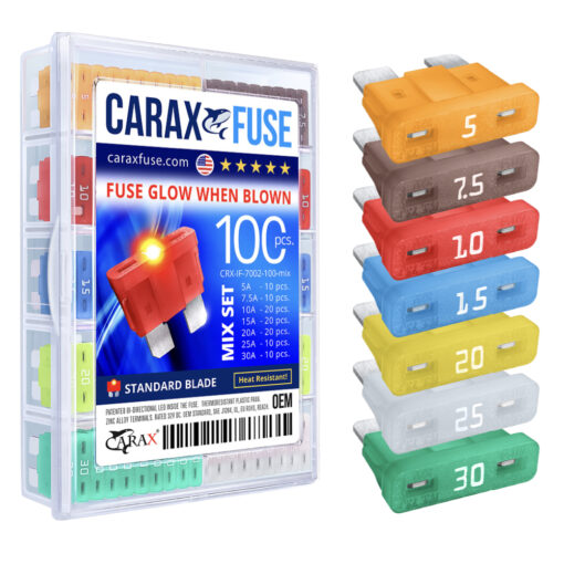 CARAX Glow Fuse. STANDARD Blade Fuse Mix Kit 100 pcs. Automotive Indicator Smart Fuse.