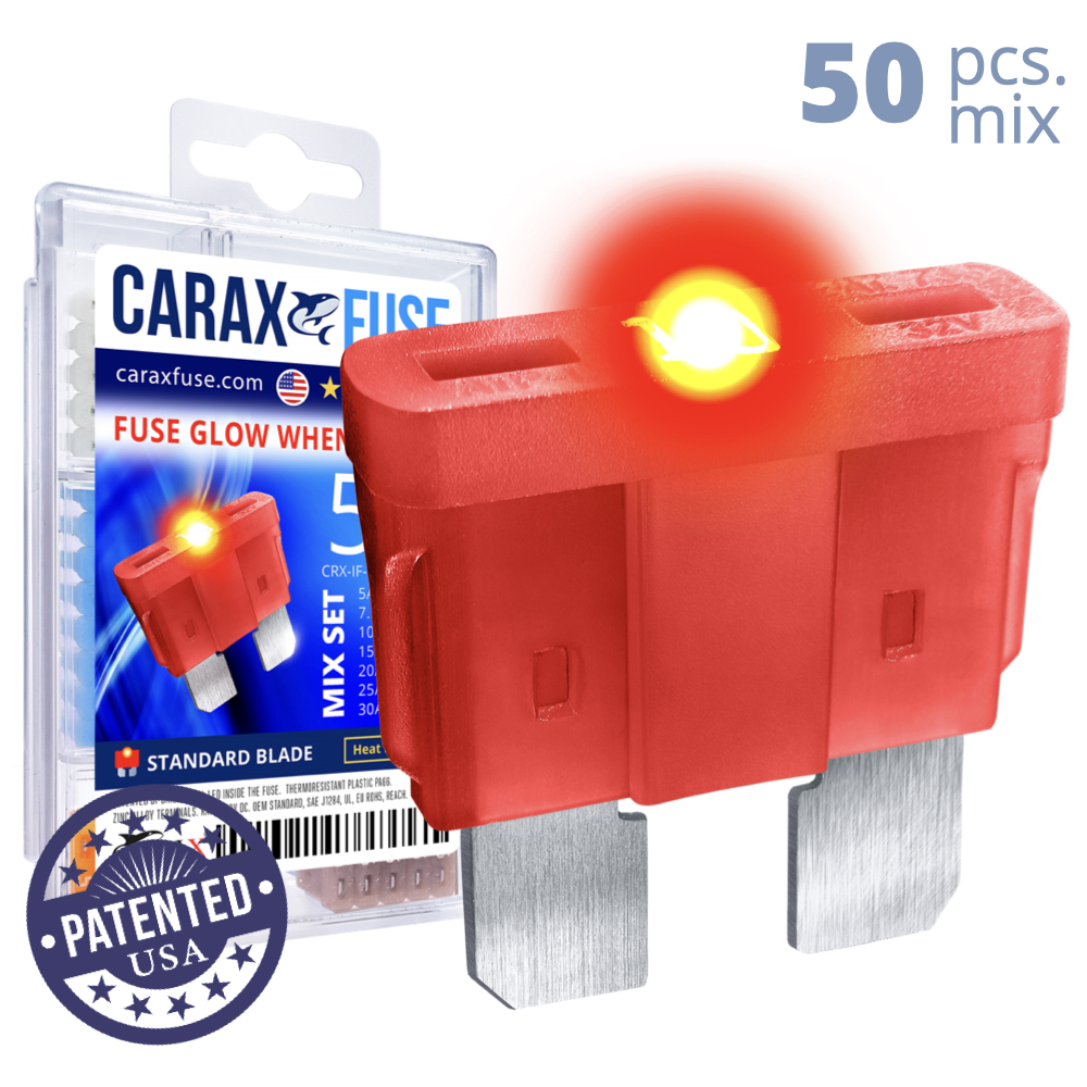 CARAX Glow Fuse. STANDARD Blade Mix Kit 50 pcs. REGULAR/APR-ATS/ATC/ATO Blade Fuse.