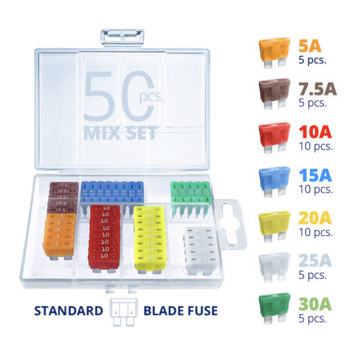 CARAX Glow Fuse. Smart STANDARD Mix Fuse 50 pcs.: 5A, 7.5A, 10A, 15A, 20A, 25A, 30A