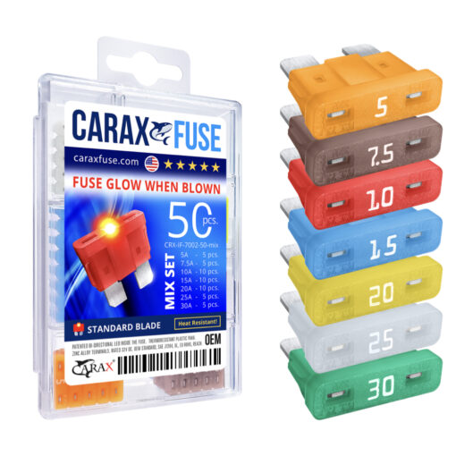 CARAX Glow Fuse. STANDARD Blade Fuse Mix Kit 50 pcs. Automotive Indicator Smart Fuse.