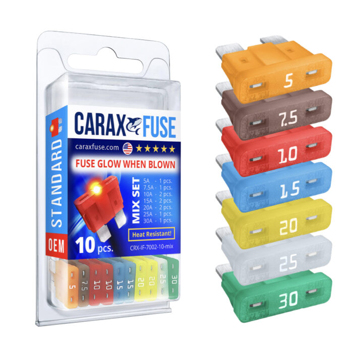 CARAX Glow Fuse. STANDARD Blade Fuse Mix Kit 10 pcs. Automotive Indicator Smart Fuse.