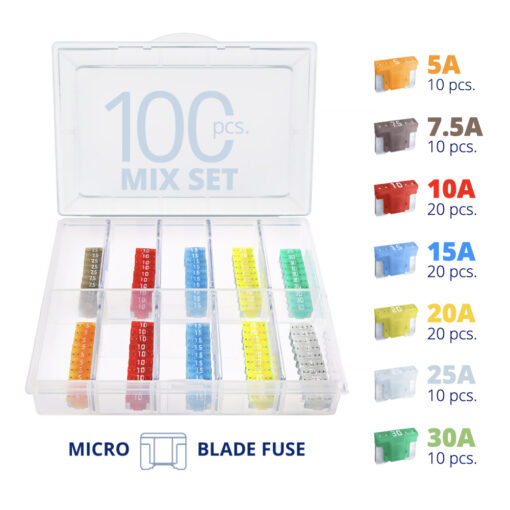 CARAX Glow Fuse. Smart LOW PRIFILE MICRO Mix Fuse 100 pcs.: 5A, 7.5A, 10A, 15A, 20A, 25A, 30A