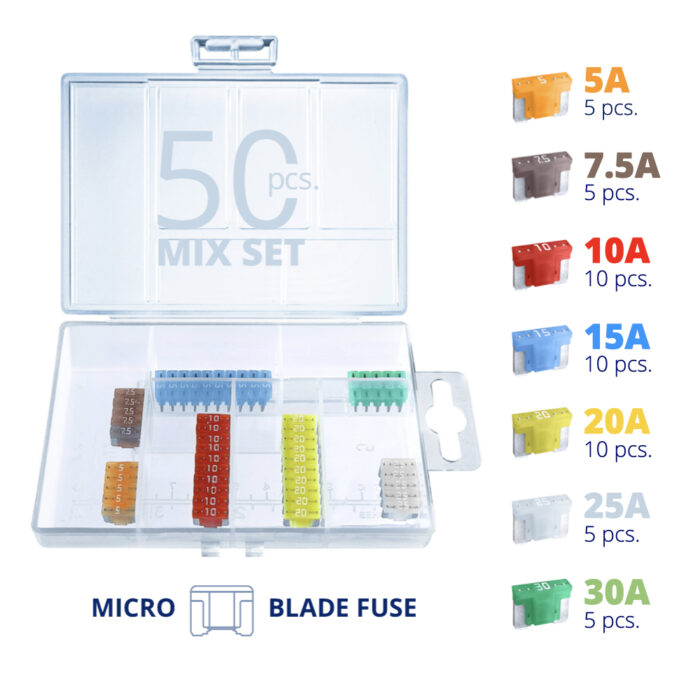 CARAX Glow Fuse. Smart LOW PRIFILE MICRO Mix Fuse 50 pcs.: 5A, 7.5A, 10A, 15A, 20A, 25A, 30A
