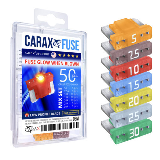 CARAX Glow Fuse. LOW PRIFILE MICRO Blade Fuse Mix Kit 50 pcs. Automotive Indicator Smart Fuse.