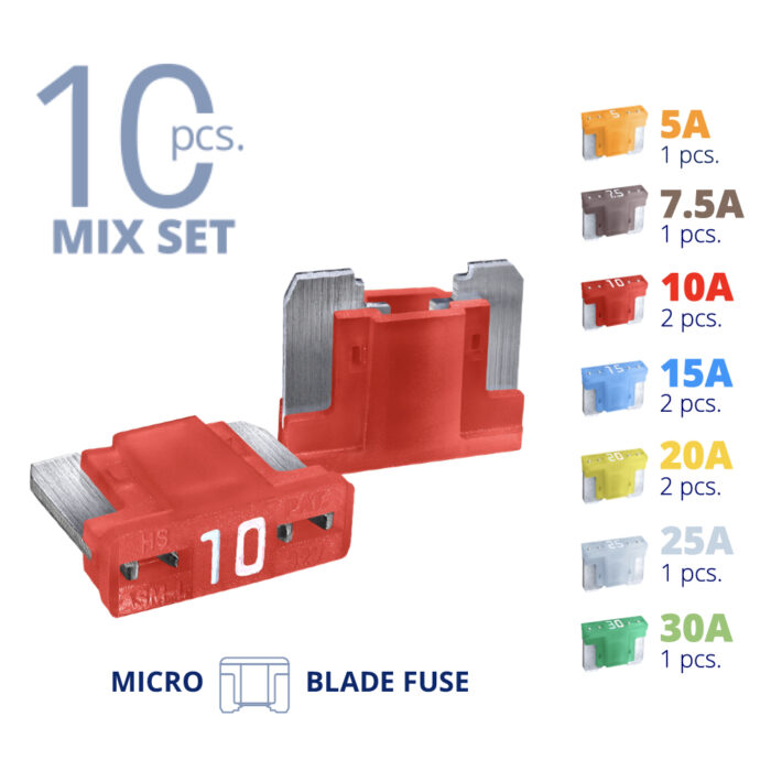 CARAX Glow Fuse. Smart LOW PRIFILE MICRO Mix Fuse 10 pcs.: 5A, 7.5A, 10A, 15A, 20A, 25A, 30A