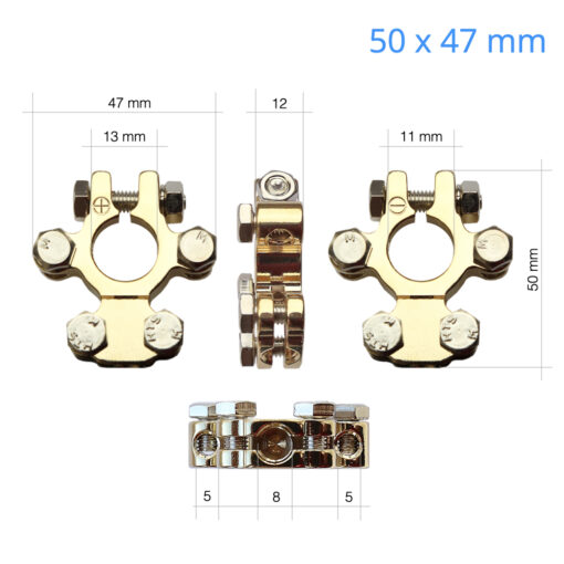 CARAX Battery Terminals Connectors - Solid Brass 24k GOLD Plated - Drawing and dimensions