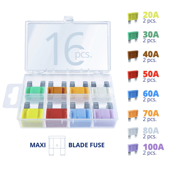 CARAX Glow Fuse. Smart MAXI Mix Fuse 16 pcs.: 20A, 30A, 40A, 50A, 60A, 70A, 80A, 100A