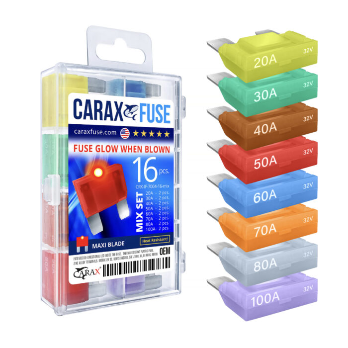 CARAX Glow Fuse. MAXI Blade Fuse Mix Kit 16 pcs. Automotive Indicator Smart Fuse.