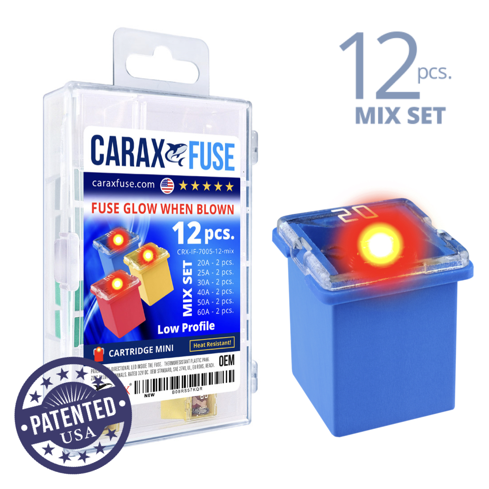 CARAX Glow Fuse. CARTRIDGE Mix Kit 12 pcs. LOW PROFILE/MINI/FEMALE/FMX Fuse.