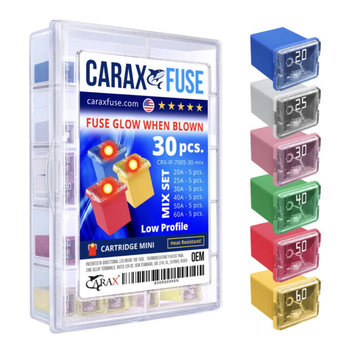 CARAX Glow Fuse. CARTRIDGE MINI Fuse Mix Kit 30 pcs. Automotive Indicator Smart Fuse.